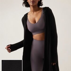 Athleta Harmony Ribbed Hooded Cardigan S Open Black Pockets Slits Active Casual